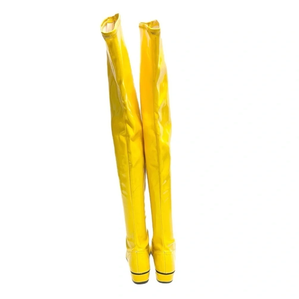 Vintage 1960s deadstock banana yellow vinyl over the knee pull on gogo boots
